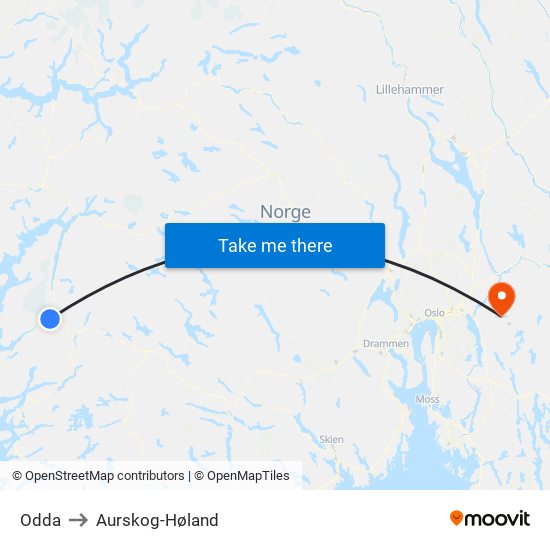 Odda to Aurskog-Høland map