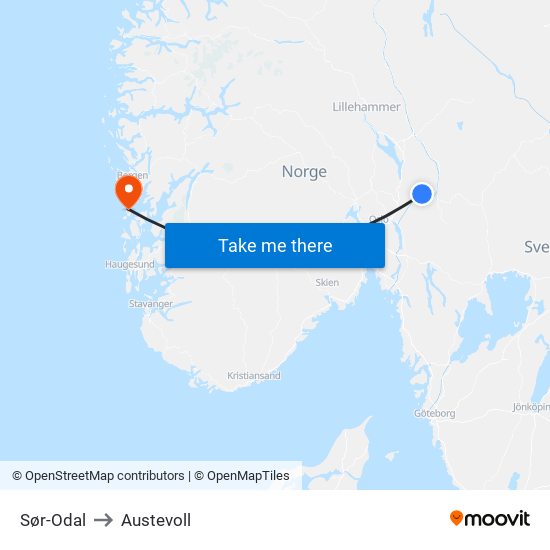 Sør-Odal to Austevoll map