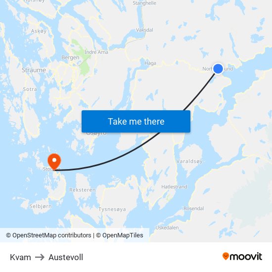 Kvam to Austevoll map