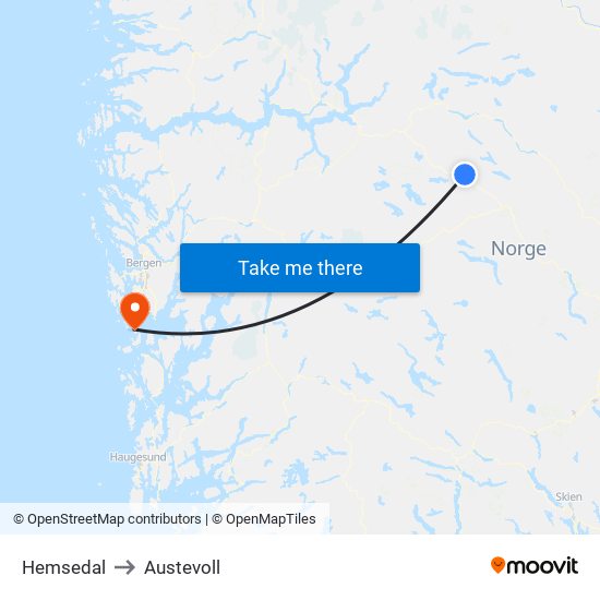 Hemsedal to Austevoll map