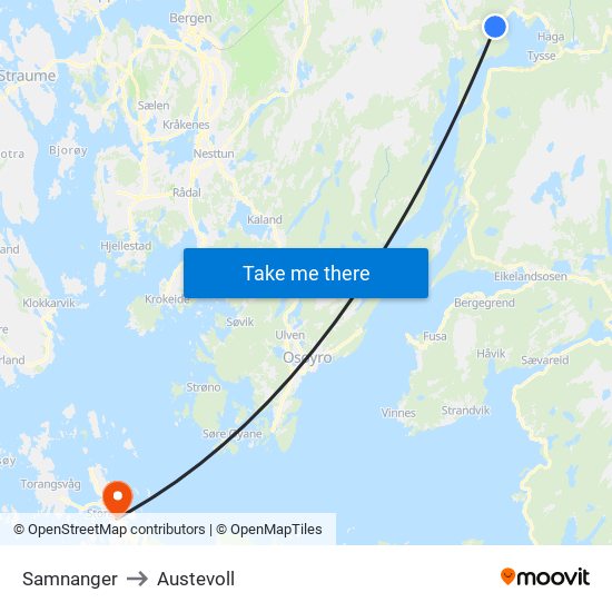 Samnanger to Austevoll map