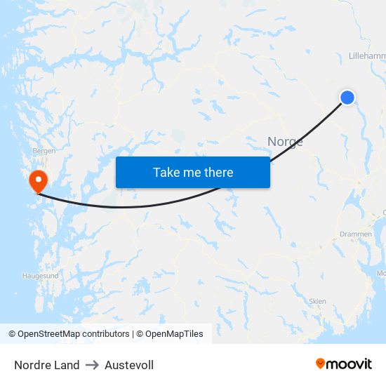 Nordre Land to Austevoll map