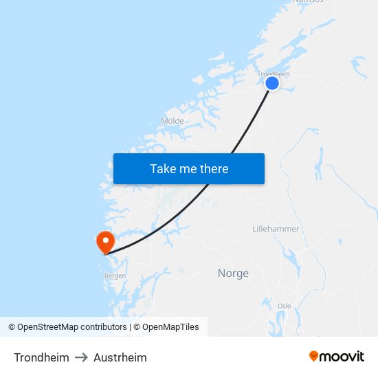 Trondheim to Austrheim map