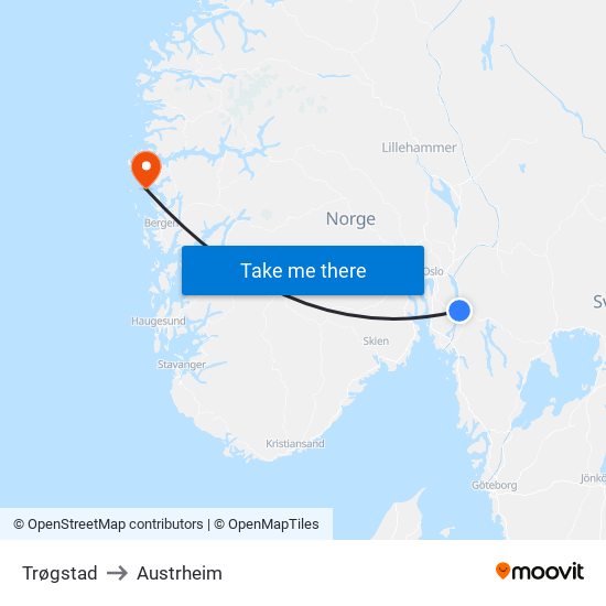 Trøgstad to Austrheim map