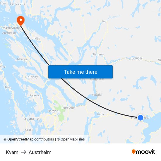 Kvam to Austrheim map