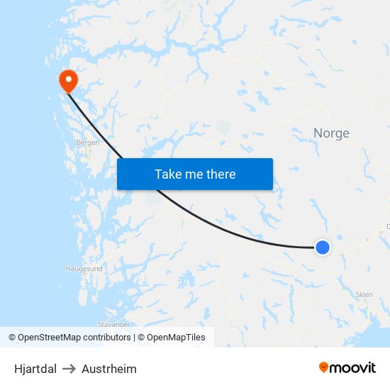 Hjartdal to Austrheim map