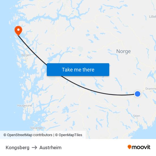 Kongsberg to Austrheim map