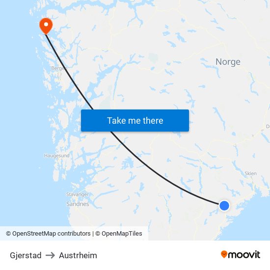 Gjerstad to Austrheim map