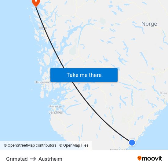 Grimstad to Austrheim map