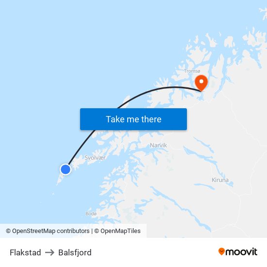 Flakstad to Balsfjord map