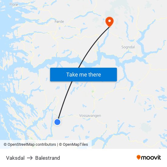Vaksdal to Balestrand map