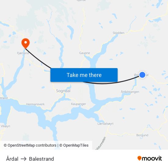 Årdal to Balestrand map