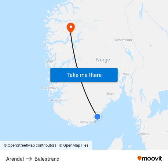 Arendal to Balestrand map