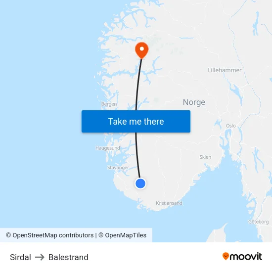 Sirdal to Balestrand map