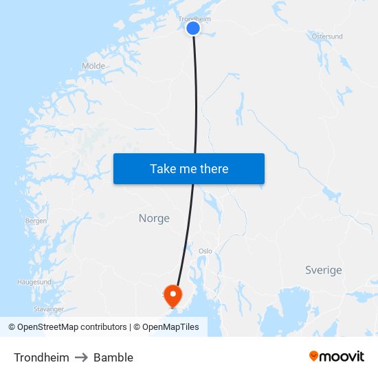 Trondheim to Bamble map