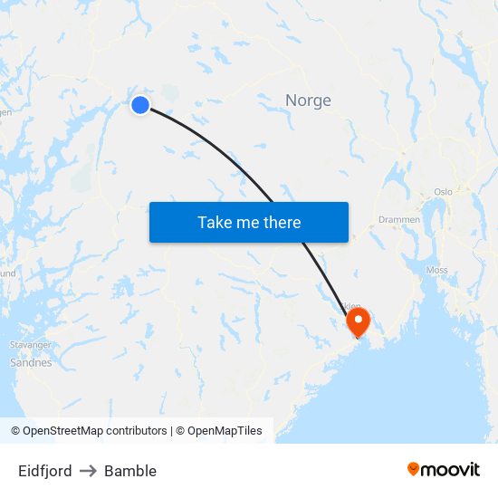 Eidfjord to Bamble map