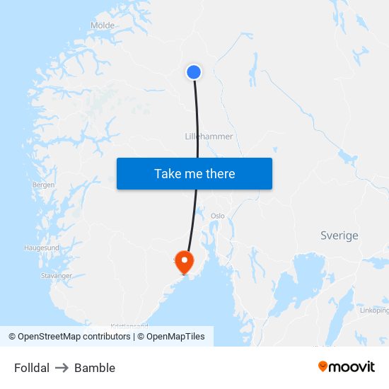 Folldal to Bamble map