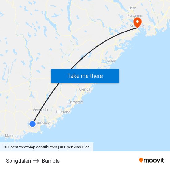 Songdalen to Bamble map