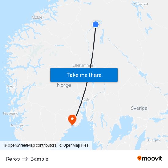 Røros to Bamble map