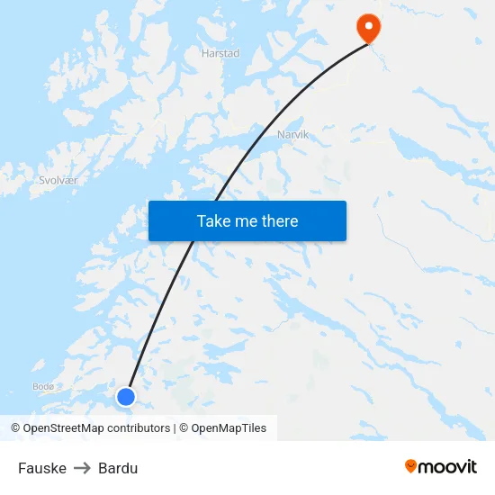 Fauske to Bardu map