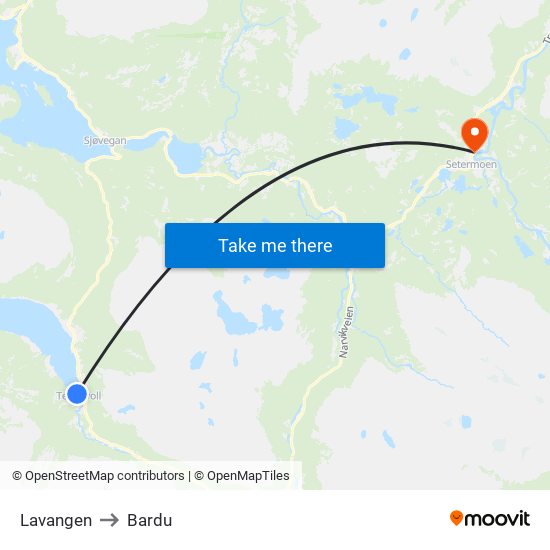 Lavangen to Bardu map