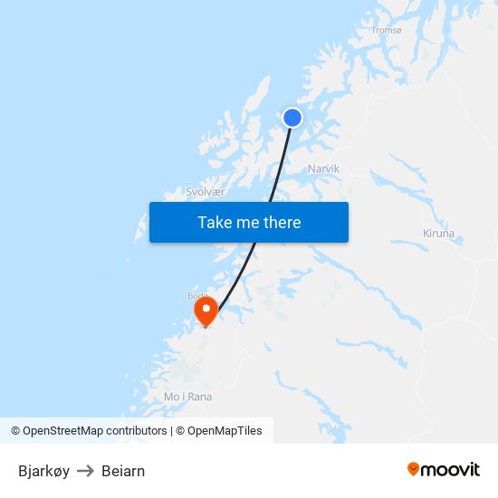 Bjarkøy to Beiarn map