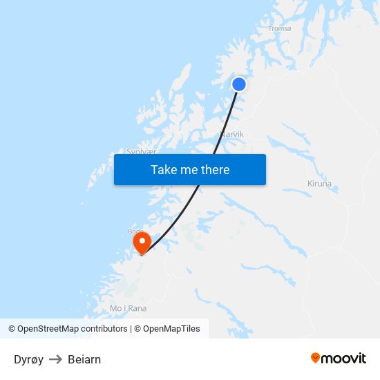 Dyrøy to Beiarn map