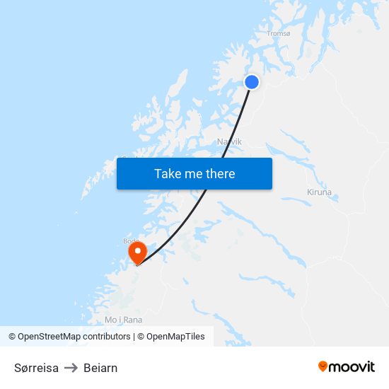 Sørreisa to Beiarn map