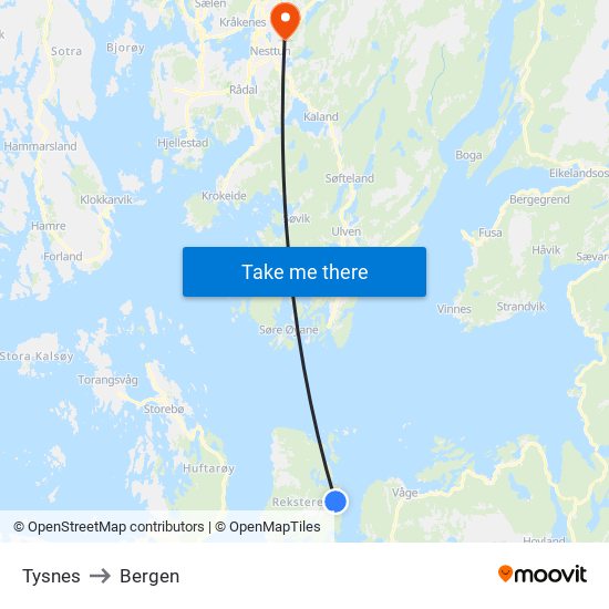 Tysnes to Bergen map