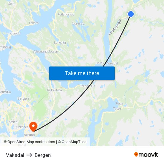 Vaksdal to Bergen map