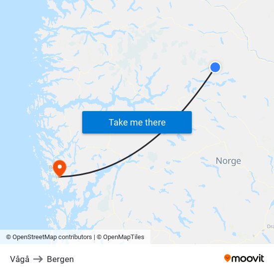 Vågå to Bergen map