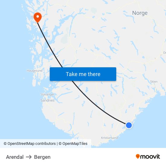 Arendal to Bergen map