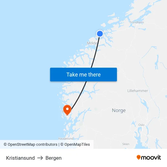 Kristiansund to Bergen map
