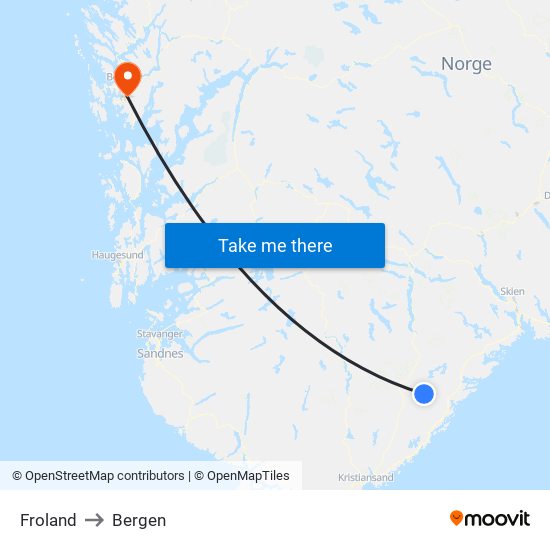 Froland to Bergen map