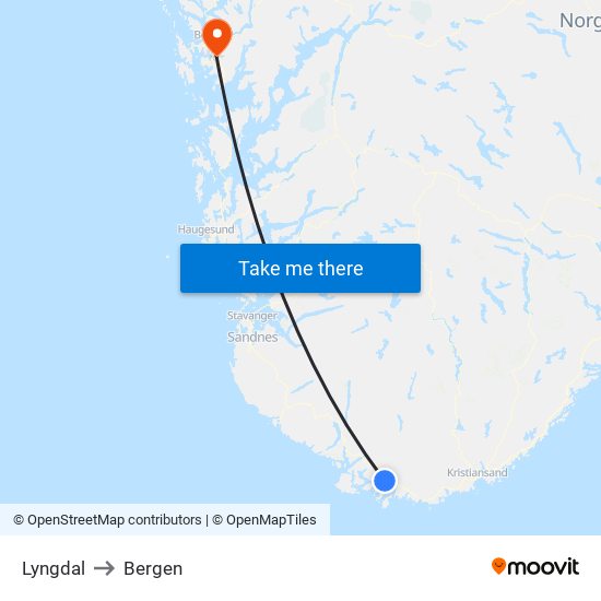 Lyngdal to Bergen map