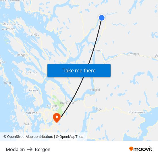 Modalen to Bergen map