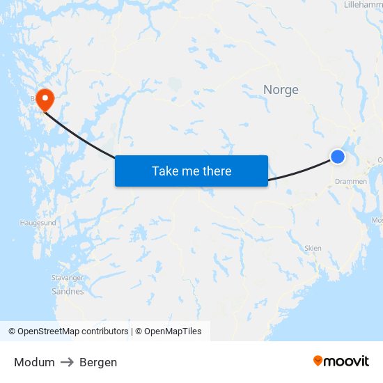 Modum to Bergen map