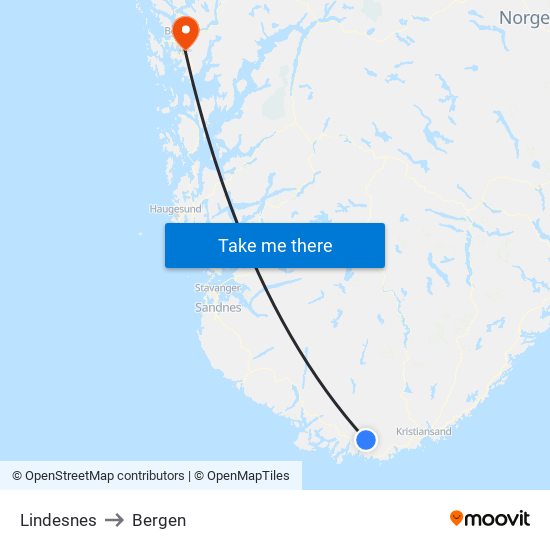 Lindesnes to Bergen map