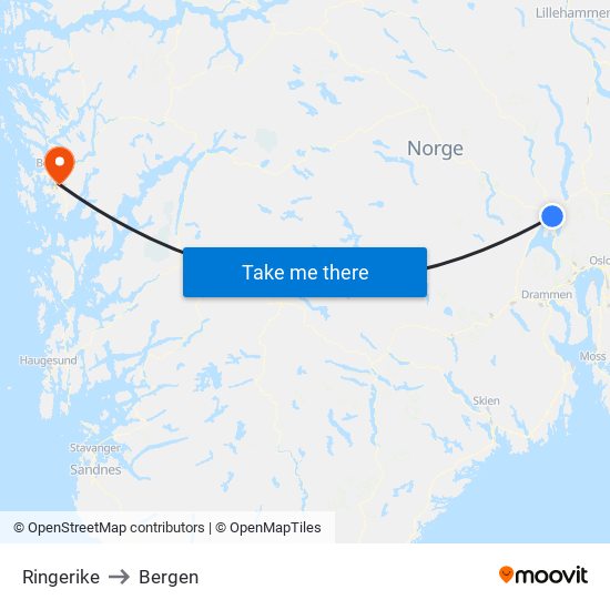 Ringerike to Bergen map