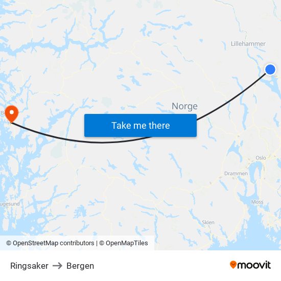 Ringsaker to Bergen map