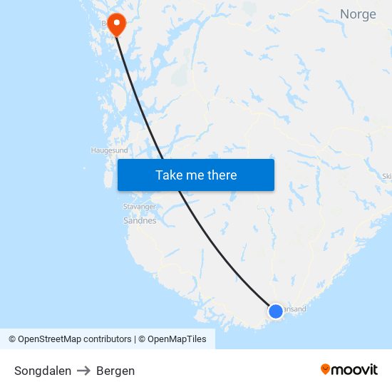 Songdalen to Bergen map