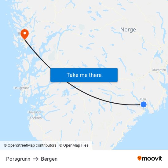 Porsgrunn to Bergen map