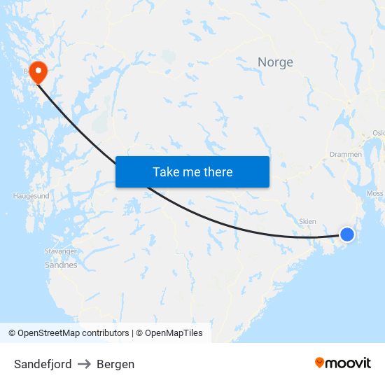 Sandefjord to Bergen map