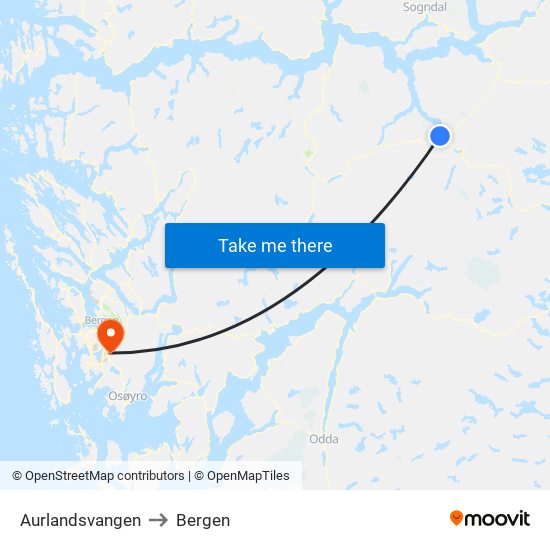 Aurlandsvangen to Bergen map