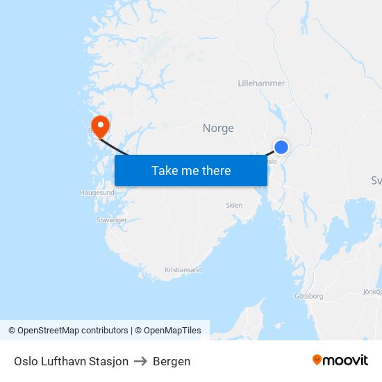 Oslo Lufthavn Stasjon to Bergen map