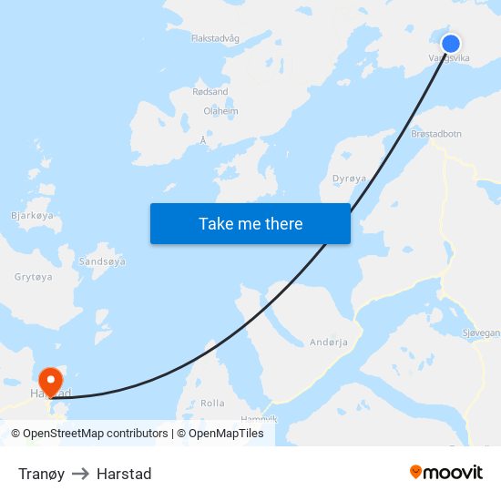 Tranøy to Harstad map