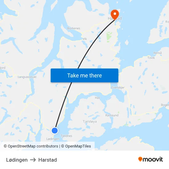 Lødingen to Harstad map
