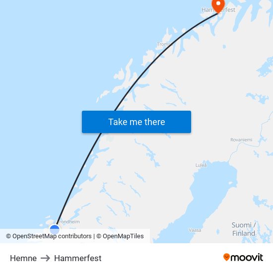 Hemne to Hammerfest map