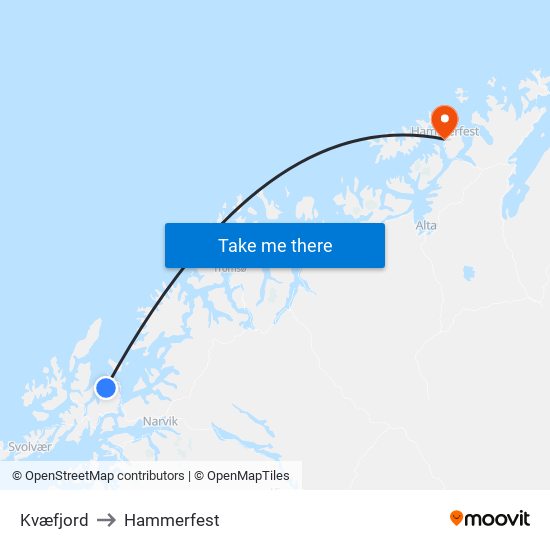 Kvæfjord to Hammerfest map
