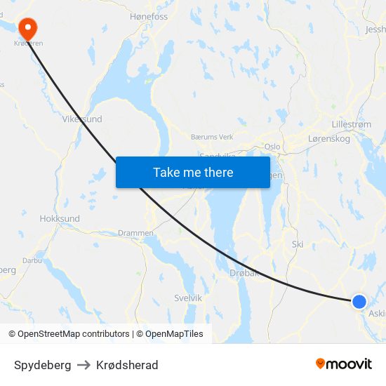 Spydeberg to Krødsherad map